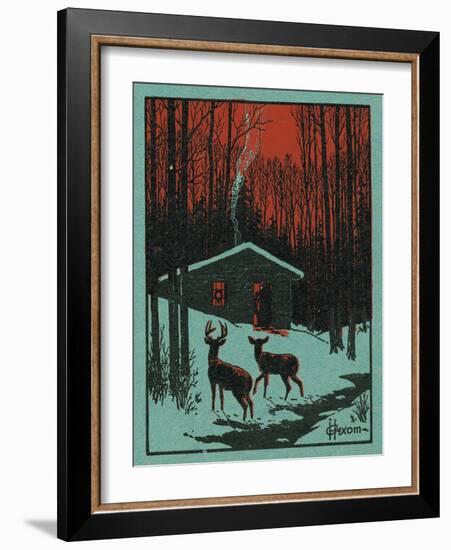 Nature Magazine - View of Deer in the Forest, Winter Scene with a Cabin, c.1951-Lantern Press-Framed Art Print