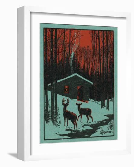 Nature Magazine - View of Deer in the Forest, Winter Scene with a Cabin, c.1951-Lantern Press-Framed Art Print