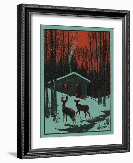 Nature Magazine - View of Deer in the Forest, Winter Scene with a Cabin, c.1951-Lantern Press-Framed Art Print