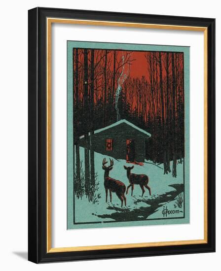 Nature Magazine - View of Deer in the Forest, Winter Scene with a Cabin, c.1951-Lantern Press-Framed Art Print