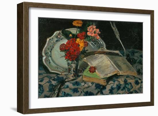 Nature morte: fleurs, faiences, livres. Still-life: flowers, faience and books. Canvas, 32,5 x 46cm-Jean-Baptiste-Armand Guillaumin-Framed Giclee Print