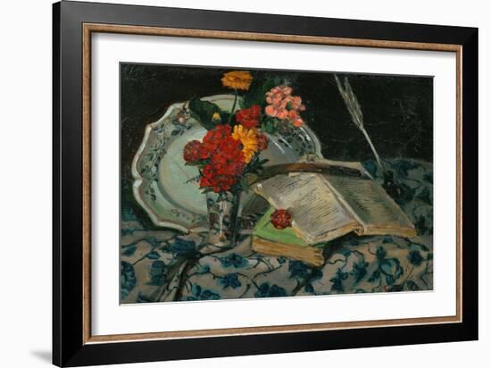 Nature morte: fleurs, faiences, livres. Still-life: flowers, faience and books. Canvas, 32,5 x 46cm-Jean-Baptiste-Armand Guillaumin-Framed Giclee Print