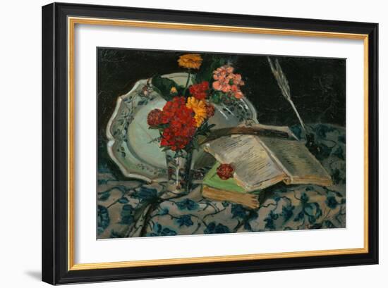 Nature morte: fleurs, faiences, livres. Still-life: flowers, faience and books. Canvas, 32,5 x 46cm-Jean-Baptiste-Armand Guillaumin-Framed Giclee Print