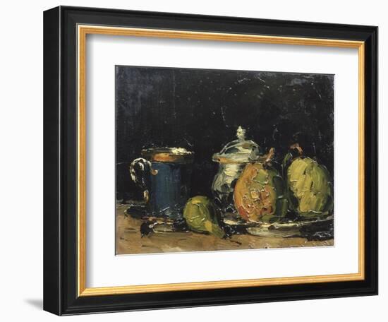 Nature morte : sucrier, poires et tasse bleue-Paul Cézanne-Framed Giclee Print