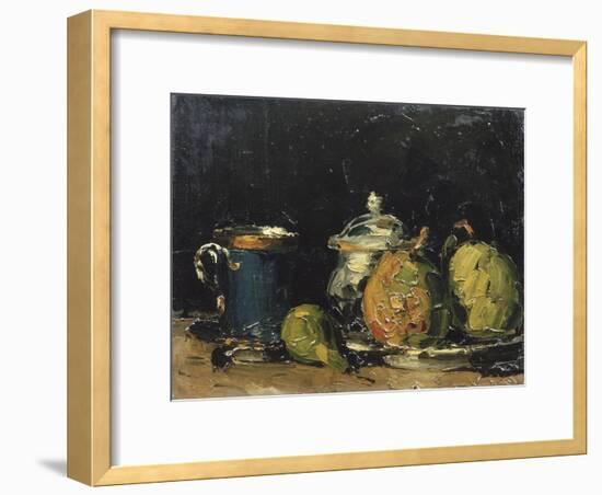 Nature morte : sucrier, poires et tasse bleue-Paul Cézanne-Framed Giclee Print