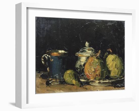 Nature morte : sucrier, poires et tasse bleue-Paul Cézanne-Framed Giclee Print