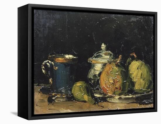 Nature morte : sucrier, poires et tasse bleue-Paul Cézanne-Framed Premier Image Canvas