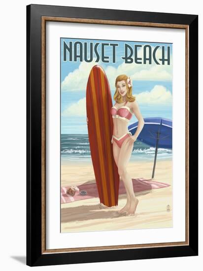 Nauset Beach, Massachusetts - Pinup Girl Surfing-Lantern Press-Framed Art Print