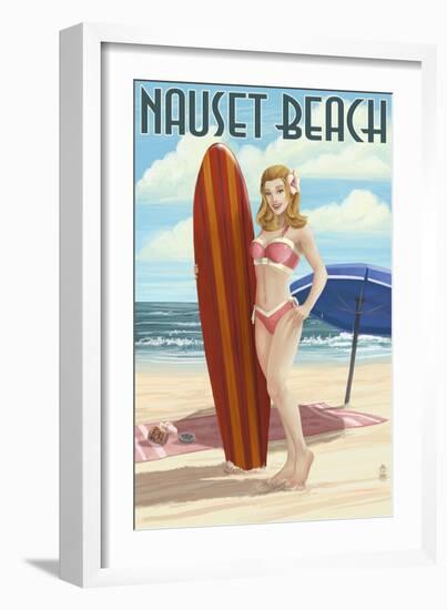 Nauset Beach, Massachusetts - Pinup Girl Surfing-Lantern Press-Framed Art Print