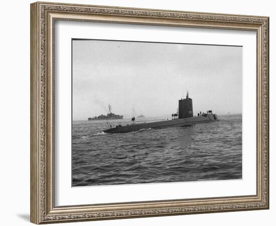 Nautilus' Submarine in Harbor Returning from Historic Trip under Polar Ice Cap. with Crew-Carl Mydans-Framed Photographic Print