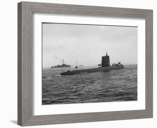 Nautilus' Submarine in Harbor Returning from Historic Trip under Polar Ice Cap. with Crew-Carl Mydans-Framed Photographic Print