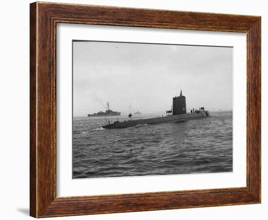 Nautilus' Submarine in Harbor Returning from Historic Trip under Polar Ice Cap. with Crew-Carl Mydans-Framed Photographic Print