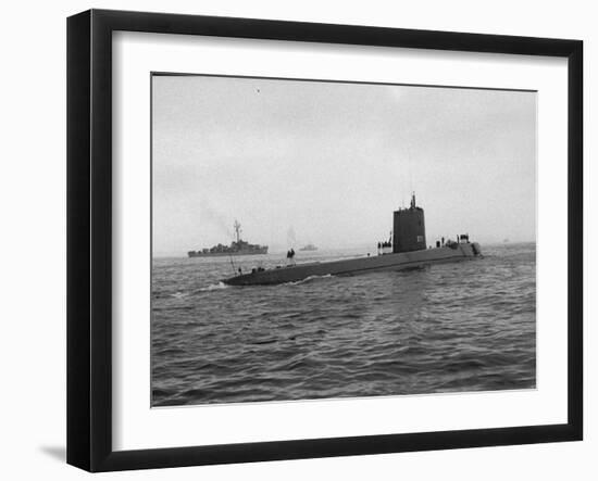 Nautilus' Submarine in Harbor Returning from Historic Trip under Polar Ice Cap. with Crew-Carl Mydans-Framed Photographic Print