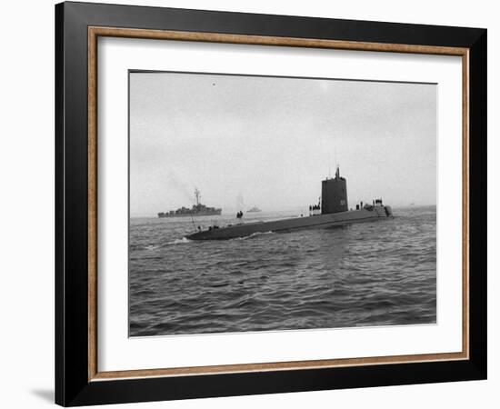 Nautilus' Submarine in Harbor Returning from Historic Trip under Polar Ice Cap. with Crew-Carl Mydans-Framed Photographic Print