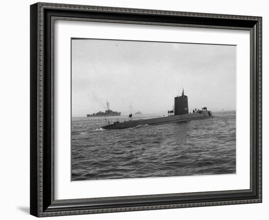 Nautilus' Submarine in Harbor Returning from Historic Trip under Polar Ice Cap. with Crew-Carl Mydans-Framed Photographic Print