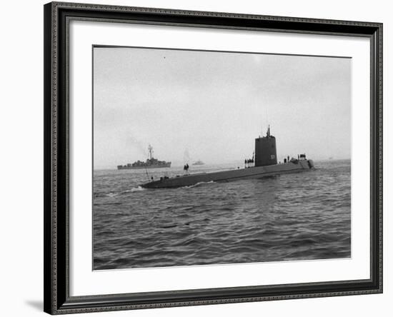 Nautilus' Submarine in Harbor Returning from Historic Trip under Polar Ice Cap. with Crew-Carl Mydans-Framed Photographic Print