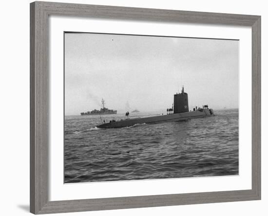 Nautilus' Submarine in Harbor Returning from Historic Trip under Polar Ice Cap. with Crew-Carl Mydans-Framed Photographic Print