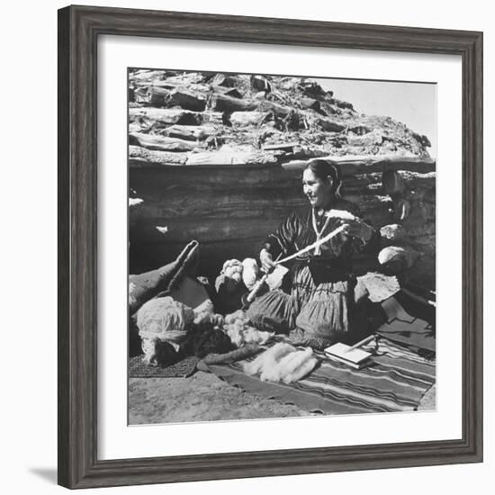 Navajo Jessie Gorman Spinning Wool For Blanket Weaving-Nat Farbman-Framed Photographic Print