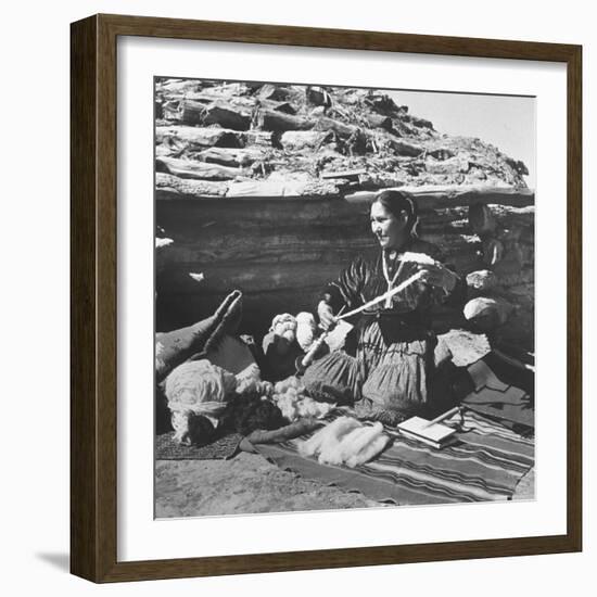 Navajo Jessie Gorman Spinning Wool For Blanket Weaving-Nat Farbman-Framed Photographic Print