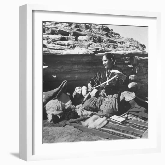 Navajo Jessie Gorman Spinning Wool For Blanket Weaving-Nat Farbman-Framed Photographic Print