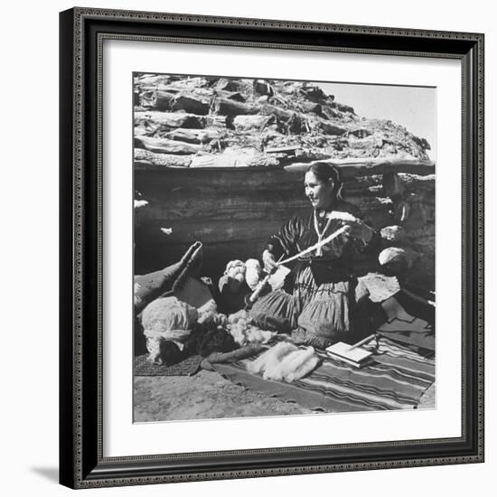 Navajo Jessie Gorman Spinning Wool For Blanket Weaving-Nat Farbman-Framed Photographic Print