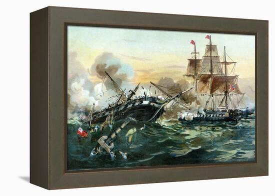 Naval Duel Between the Frigate USS Constitution and the British Ship Guerriere, War of 1812-null-Framed Premier Image Canvas