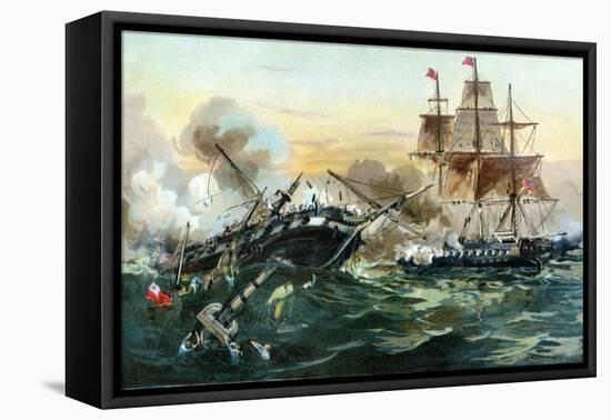 Naval Duel Between the Frigate USS Constitution and the British Ship Guerriere, War of 1812-null-Framed Premier Image Canvas