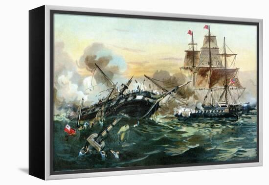 Naval Duel Between the Frigate USS Constitution and the British Ship Guerriere, War of 1812-null-Framed Premier Image Canvas