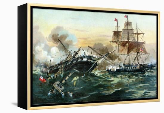 Naval Duel Between the Frigate USS Constitution and the British Ship Guerriere, War of 1812-null-Framed Premier Image Canvas