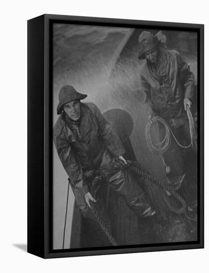 Naval Officers Working on a Ship During a Storm-George Strock-Framed Premier Image Canvas