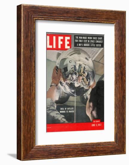 Naval Research Lab Worker Examining Shell of a Satellite, June 3, 1957-Hank Walker-Framed Photographic Print