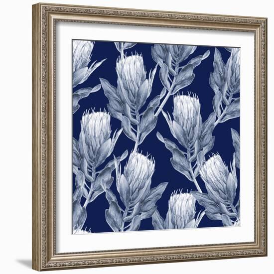 Navy Blue and White Protea Flower Illustration. Seamless Pattern Repeat.-PinkCactus-Framed Art Print