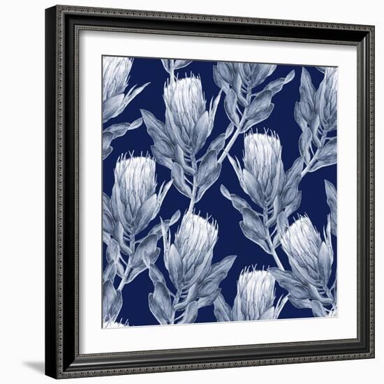 Navy Blue and White Protea Flower Illustration. Seamless Pattern Repeat.-PinkCactus-Framed Art Print
