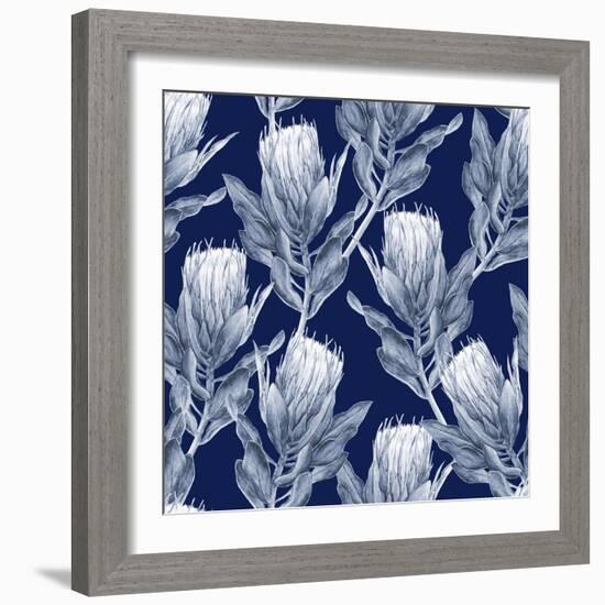 Navy Blue and White Protea Flower Illustration. Seamless Pattern Repeat.-PinkCactus-Framed Premium Giclee Print