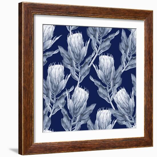 Navy Blue and White Protea Flower Illustration. Seamless Pattern Repeat.-PinkCactus-Framed Premium Giclee Print