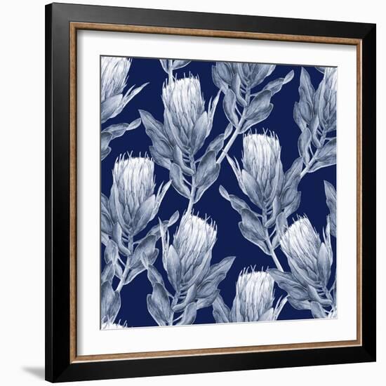 Navy Blue and White Protea Flower Illustration. Seamless Pattern Repeat.-PinkCactus-Framed Premium Giclee Print