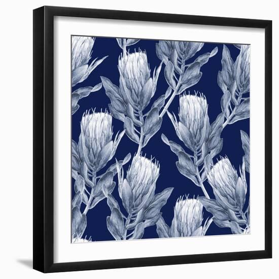 Navy Blue and White Protea Flower Illustration. Seamless Pattern Repeat.-PinkCactus-Framed Premium Giclee Print