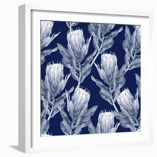 Navy Blue and White Protea Flower Illustration. Seamless Pattern Repeat.-PinkCactus-Framed Premium Giclee Print