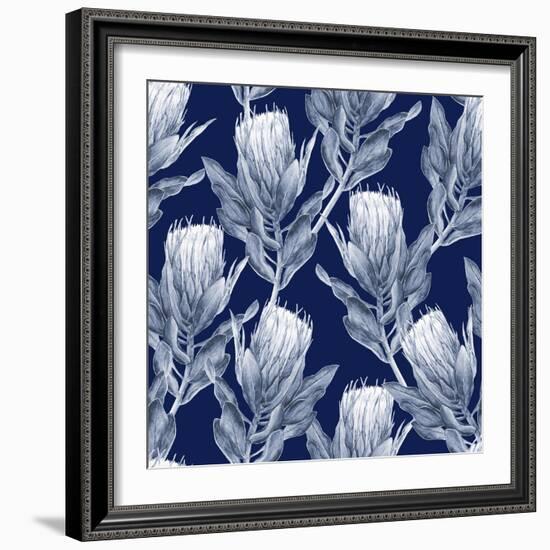 Navy Blue and White Protea Flower Illustration. Seamless Pattern Repeat.-PinkCactus-Framed Premium Giclee Print