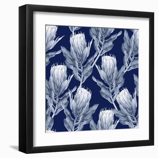 Navy Blue and White Protea Flower Illustration. Seamless Pattern Repeat.-PinkCactus-Framed Art Print