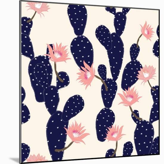 Navy Blue Hand Drawn Cactus Tropical Garden Seamless Pattern. in Light Pink Background.-MSNTY-Mounted Art Print