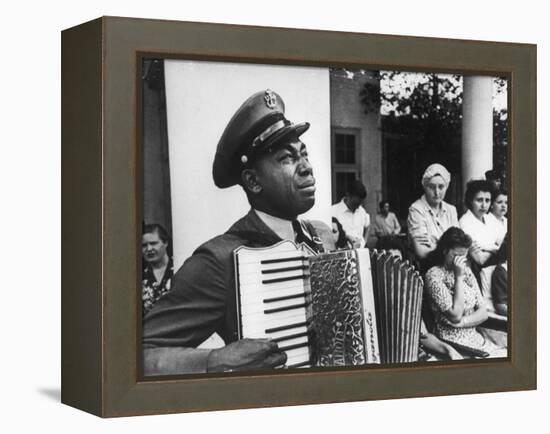 Navy CPO Graham Jackson Playing Accordian, Crying as Franklin D Roosevelt's Body is Carried Away-Ed Clark-Framed Premier Image Canvas