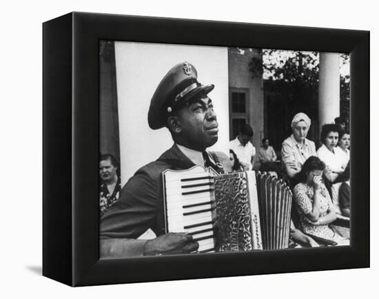 Navy CPO Graham Jackson Playing Accordian, Crying as Franklin D Roosevelt's Body is Carried Away-Ed Clark-Framed Premier Image Canvas