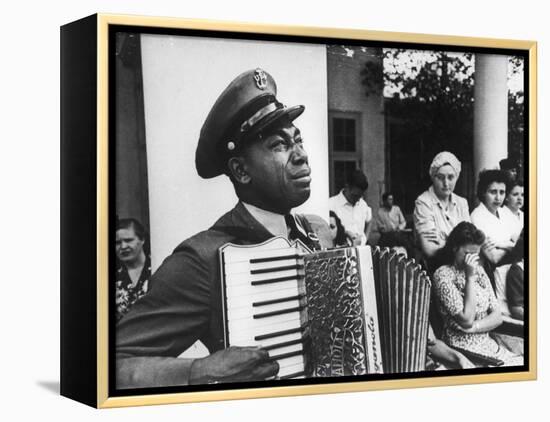 Navy CPO Graham Jackson Playing Accordian, Crying as Franklin D Roosevelt's Body is Carried Away-Ed Clark-Framed Premier Image Canvas