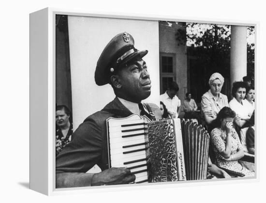 Navy CPO Graham Jackson Playing Accordian, Crying as Franklin D Roosevelt's Body is Carried Away-Ed Clark-Framed Premier Image Canvas