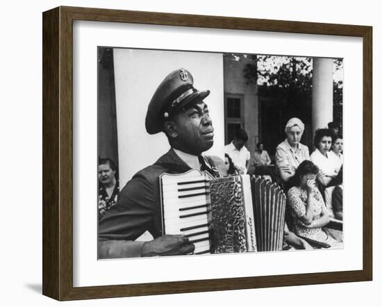 Navy CPO Graham Jackson Playing Accordian, Crying as Franklin D Roosevelt's Body is Carried Away-Ed Clark-Framed Photographic Print