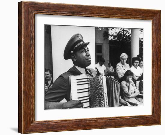 Navy CPO Graham Jackson Playing Accordian, Crying as Franklin D Roosevelt's Body is Carried Away-Ed Clark-Framed Photographic Print