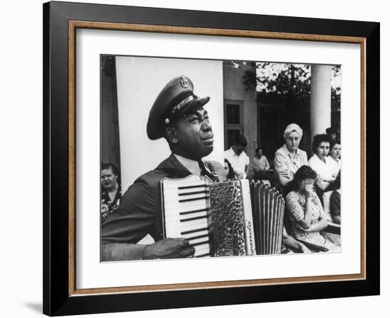 Navy CPO Graham Jackson Playing Accordian, Crying as Franklin D Roosevelt's Body is Carried Away-Ed Clark-Framed Photographic Print