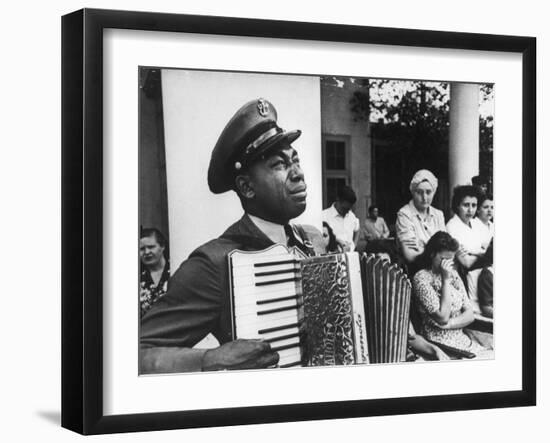 Navy CPO Graham Jackson Playing Accordian, Crying as Franklin D Roosevelt's Body is Carried Away-Ed Clark-Framed Photographic Print