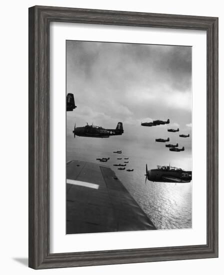 Navy Grumman Avenger Torpedo Bombers Flying Toward Their First Naval Air Strike on Japan-W^ Eugene Smith-Framed Photographic Print